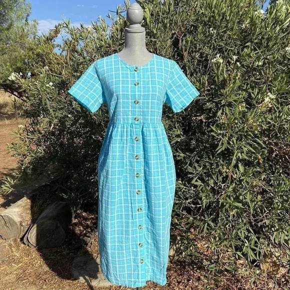 Woman Within Turquoise Plaid Midi Dress Women's Size 14W - Picture 2 of 6